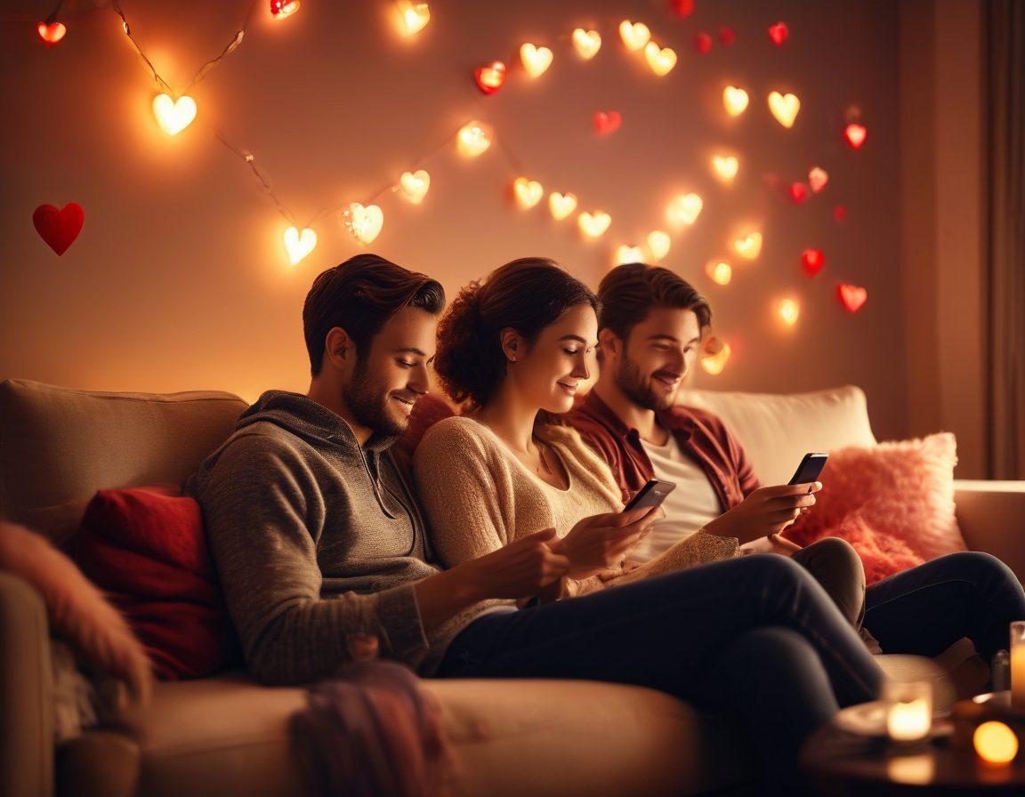 A couple sitting together on a cozy couch, each holding their smartphones, with hearts and digital love icons subtly glowing around them. The warm, ambient lighting creates an inviting atmosphere, while a light bokeh effect adds a dreamy quality. Include elements like text messages and app notifications floating around them to symbolize communication and connection. vibrant colors. soft-focus. cozy atmosphere.