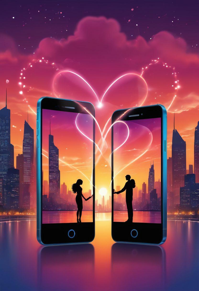 A whimsical illustration showing two smartphones with glowing hearts emanating from their screens, connected by a ribbon of light symbolizing communication. The backdrop features a vibrant city skyline at sunset, filled with romantic elements like silhouettes of couples and heart-shaped clouds. The scene should evoke feelings of love and connection through technology. bright colors. vector art.