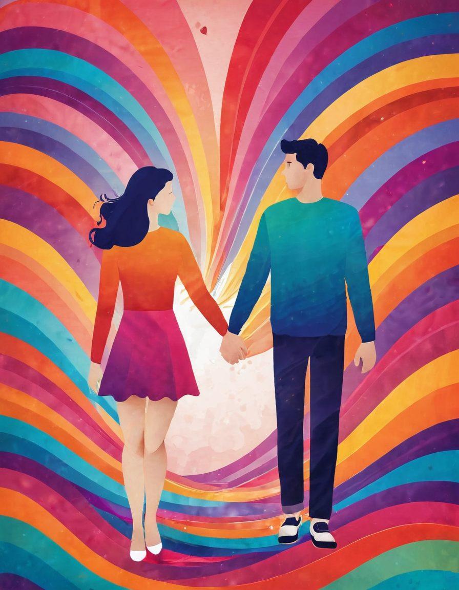A whimsical illustration depicting a couple holding hands, surrounded by colorful waves representing cellular signals that intertwine with hearts. The background features smartphone icons subtly blending into the scene, symbolizing the connection between technology and love. Use bright and warm colors to evoke feelings of affection and connection. vector art. vibrant colors.